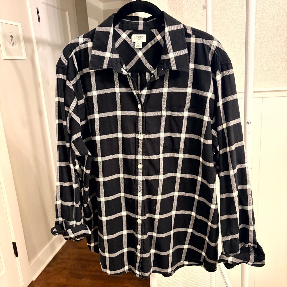 J. Crew Factory Plaid Flannel Black White Button-Up Shirt Size L